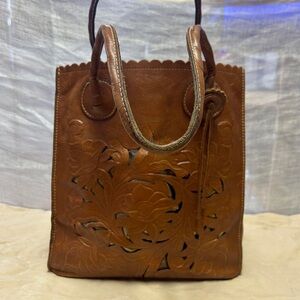 Patricia Nash Paola Flowered Tooled Brown and Gold Leather Shoulder Bag